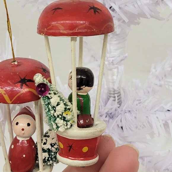 Vintage Hand Painted Wooden Hot Air Balloon with Bottle Brush Christmas Tree Orn - Picture 5 of 8